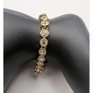 Gold Tone Rhinestone Tennis Bracelet Clear Crystal Bezel Set Classic 7in